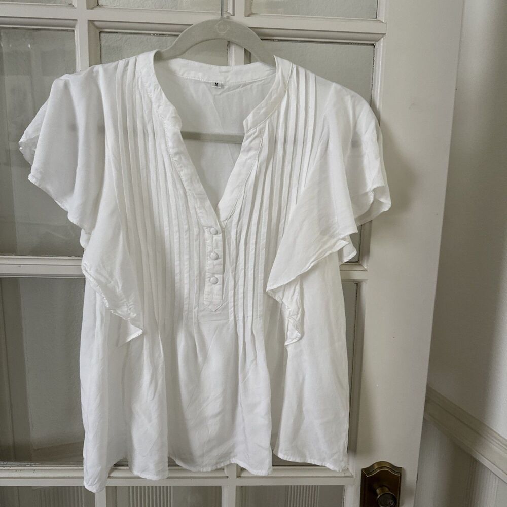 White Flutter Sleeve Top Pintucked Blouse Womens Medium